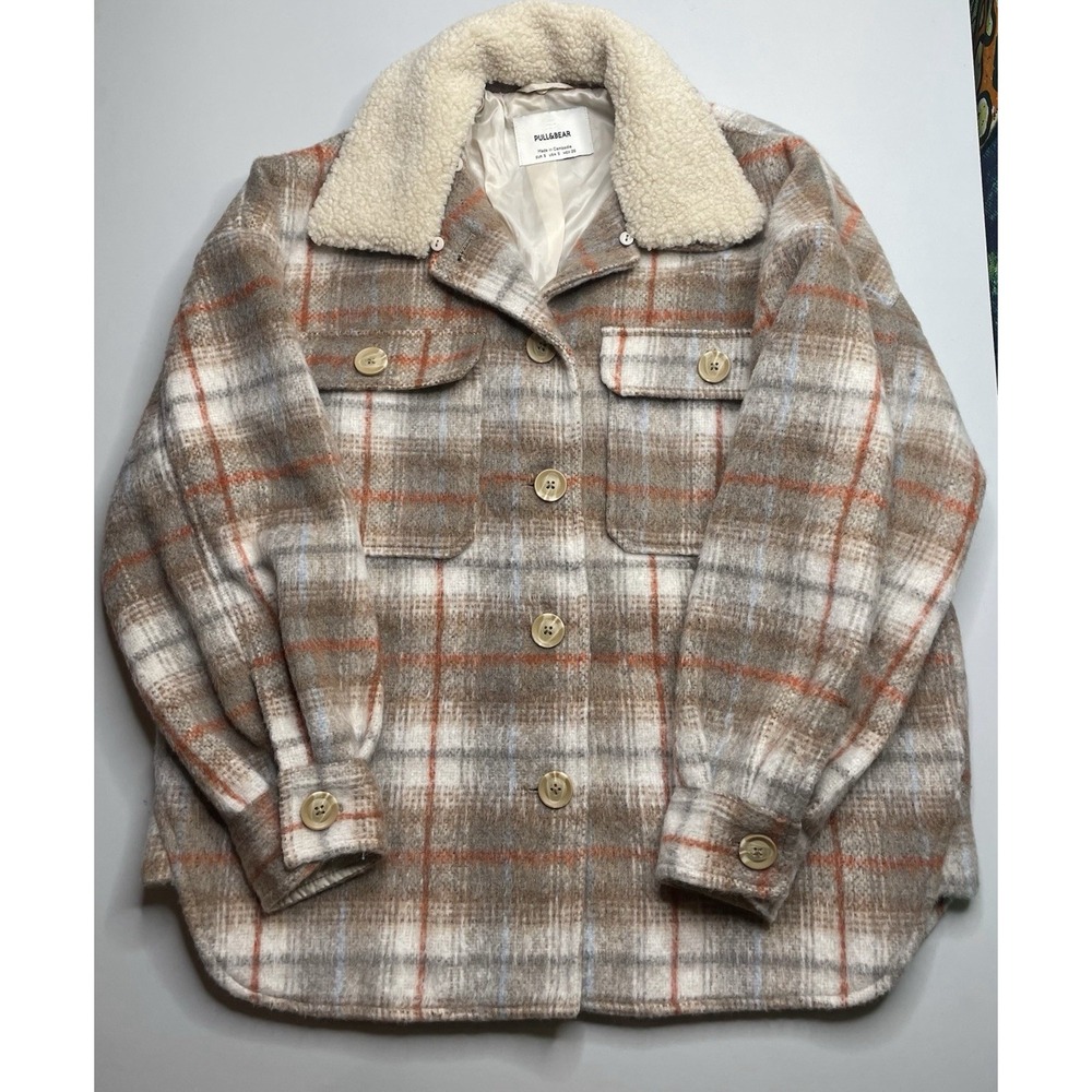 Pull&Bear Plaid Shacket Womens Small Brown Sherpa Collar Button Up Jacket